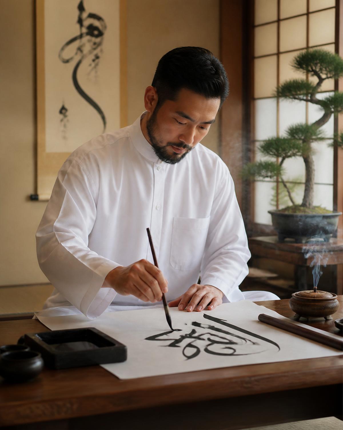 A Japanese man in a crisp white thobe practicing brush calligraphy at a low wooden desk