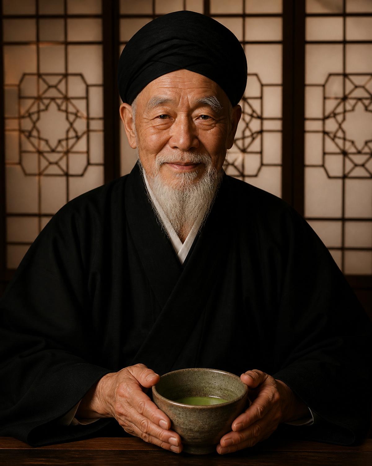 A dignified elderly Japanese scholar in flowing black robes and a black turban, gently holding a matcha bowl