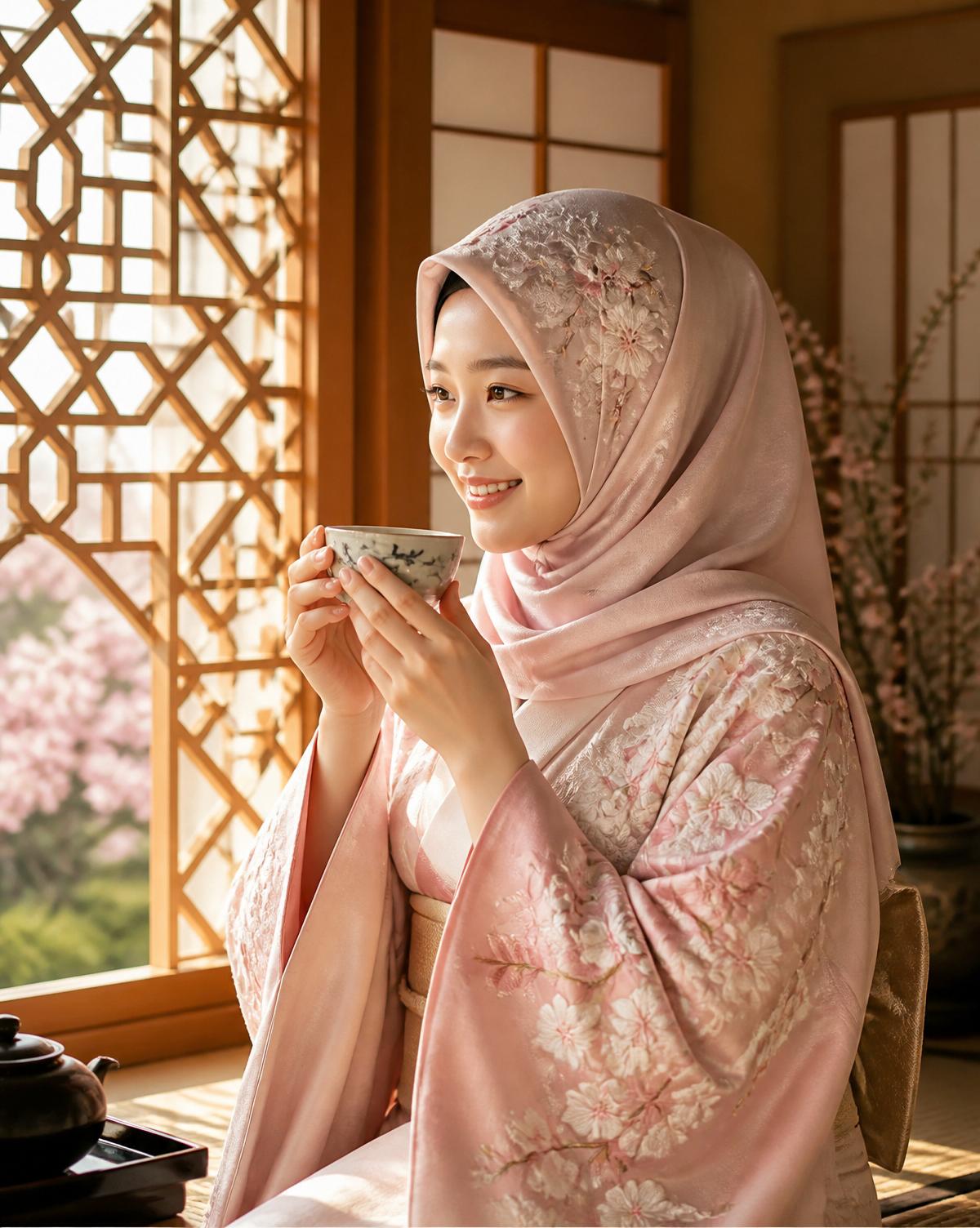 A young Japanese woman in a pink silk hijab embroidered with cherry blossoms, drinking tea in a tatami room