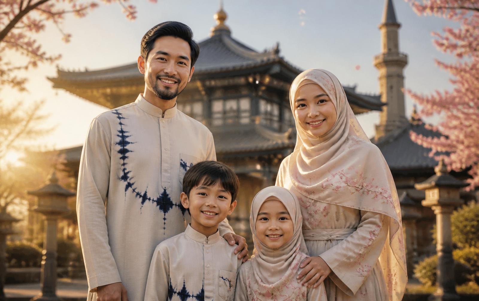 A smiling Japanese family in blended traditional Japanese and Islamic-inspired attire before a temple with a distant minaret