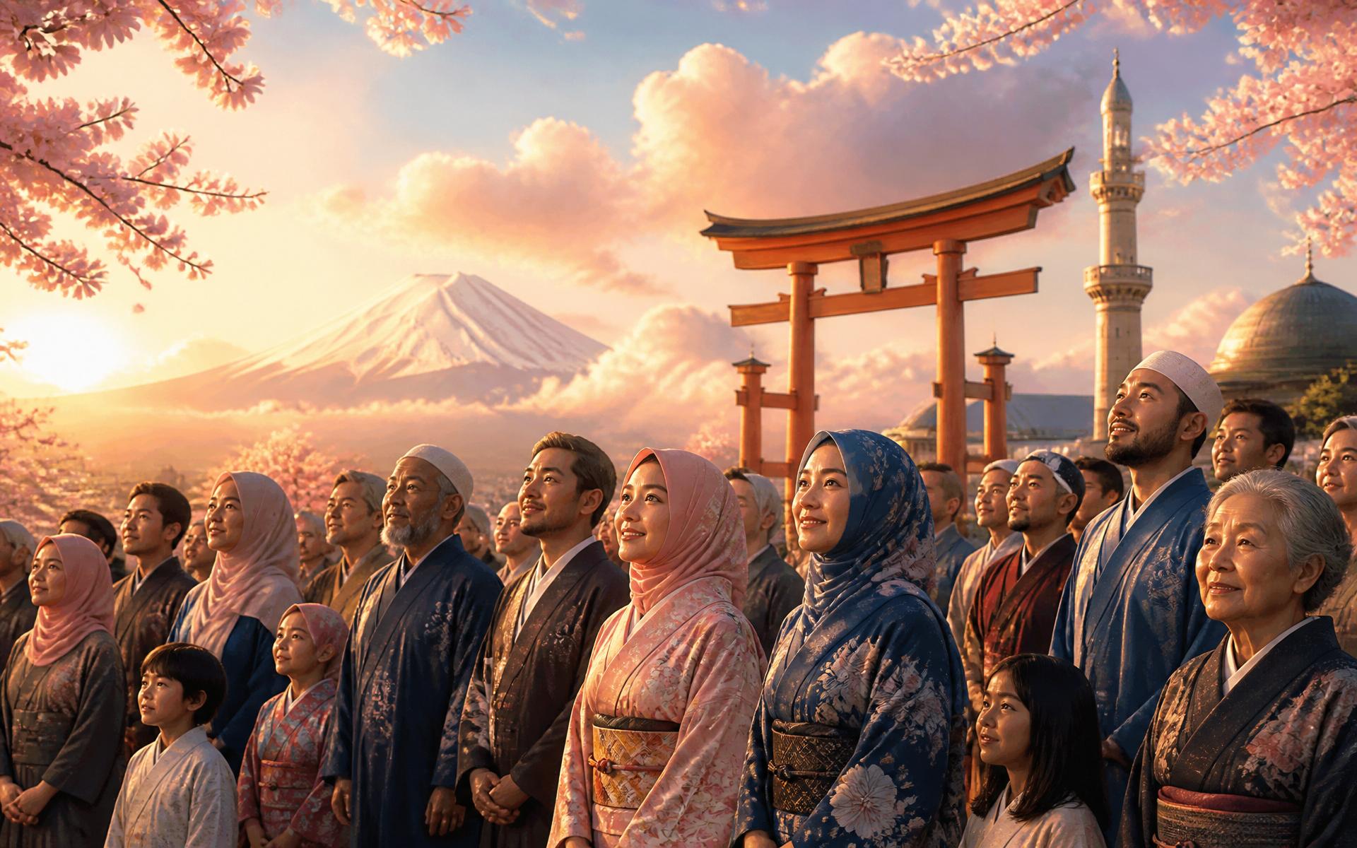 Citizens of the IRJ gathered at sunrise before Mount Fuji, a torii gate, and a minaret